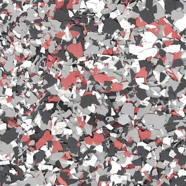 This image shows a chaotic array of red, white, and black speckled shapes, creating an abstract, camouflaged pattern with no discernible figures or objects.