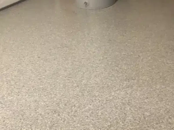 The image shows a gray speckled floor in a utility room with a water heater and white insulated pipes against a light-colored wall.