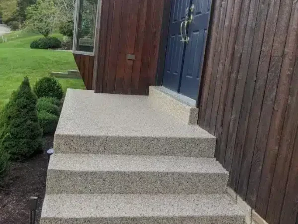 A set of granite steps leading up to a wooden door with a large handle, flanked by dark wooden walls, and green shrubbery nearby.